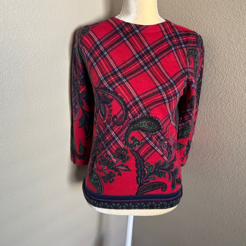 Talbots 100% merino wool Red Plaid & Paisley Crewneck size M